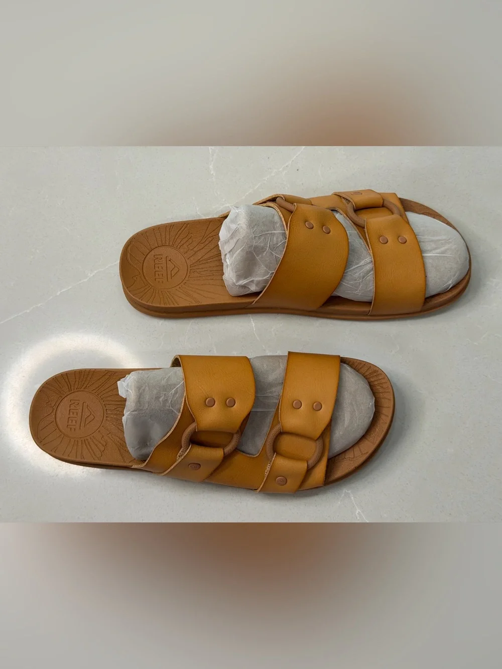 REEF Cushion Vera Cruz Tan Slide Sandals Size 9 Bohemian Chunky Buckle Vegan